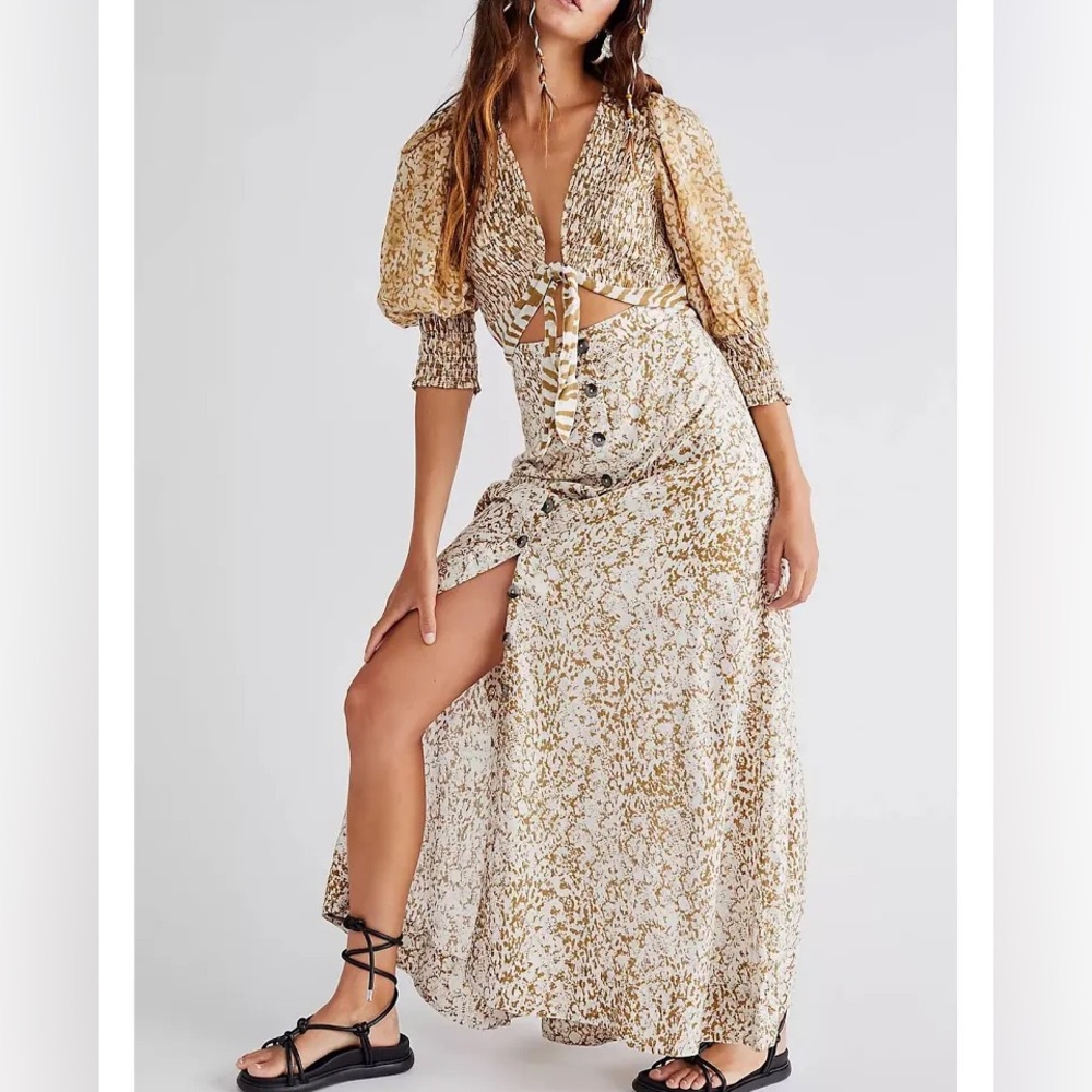 Free people Tie-Front Maxi Dress in Cream and green